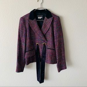 Tweed Silk Tie Waist Blazer 4 Pink Purple Career